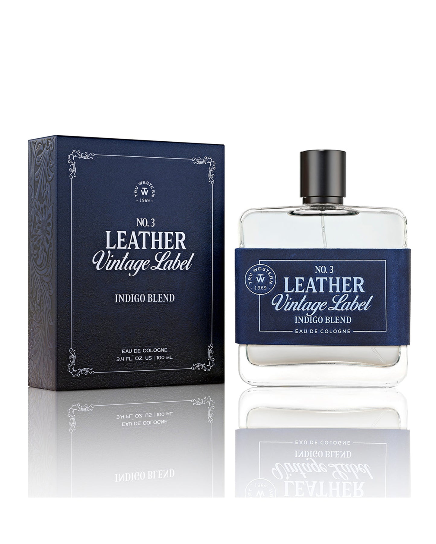 Men's No. 3 Leather Vintage Label Indigo Blend Cologne by Tru Fragrances from Skip’s Western Outfitters | TRU-98087-3.4oz