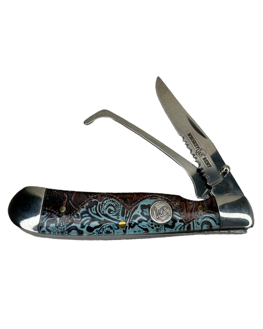 Tooled Country Acrylic W/ Clip Hoofpick Knife - Wb20-38 by Whiskey Bent Knives from Skip’s Western Outfitters | WBK-WB20-38-TOOLED-COUNTRY