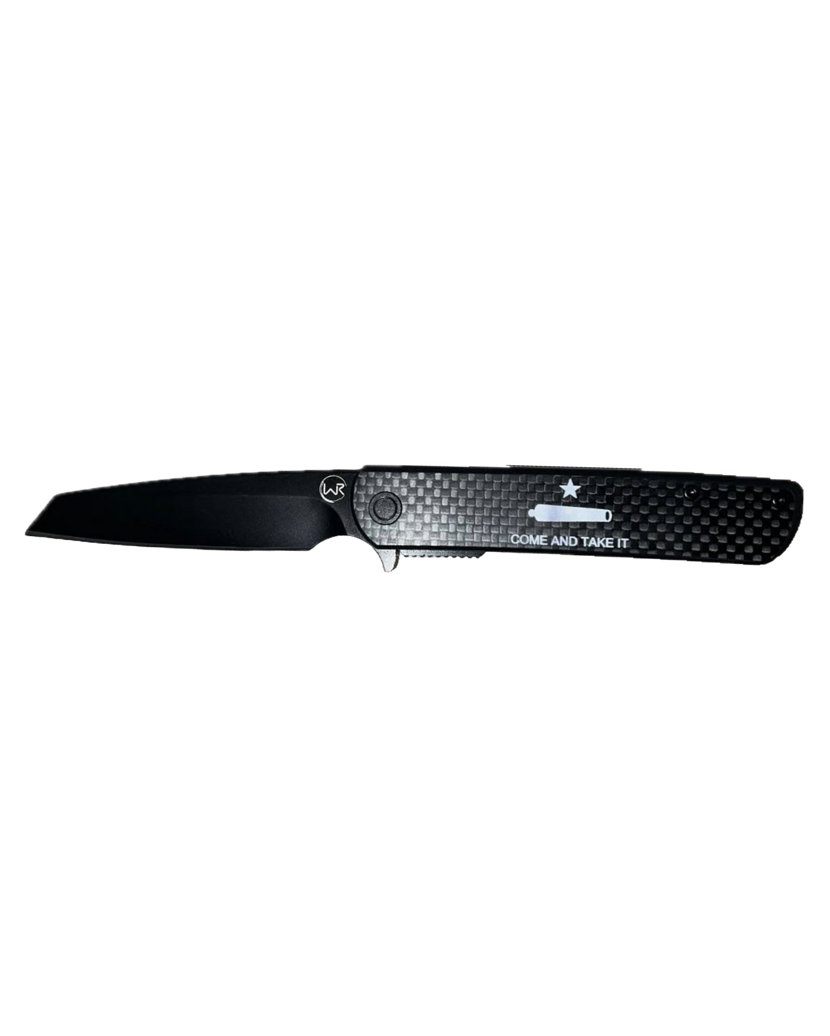 Come And Take It Carbon Fiber Swift Assist Opening Knife - Wb66-80 by Whiskey Bent Knives from Skip’s Western Outfitters | WBK-WB66-80-COME-AND-TAKE-IT