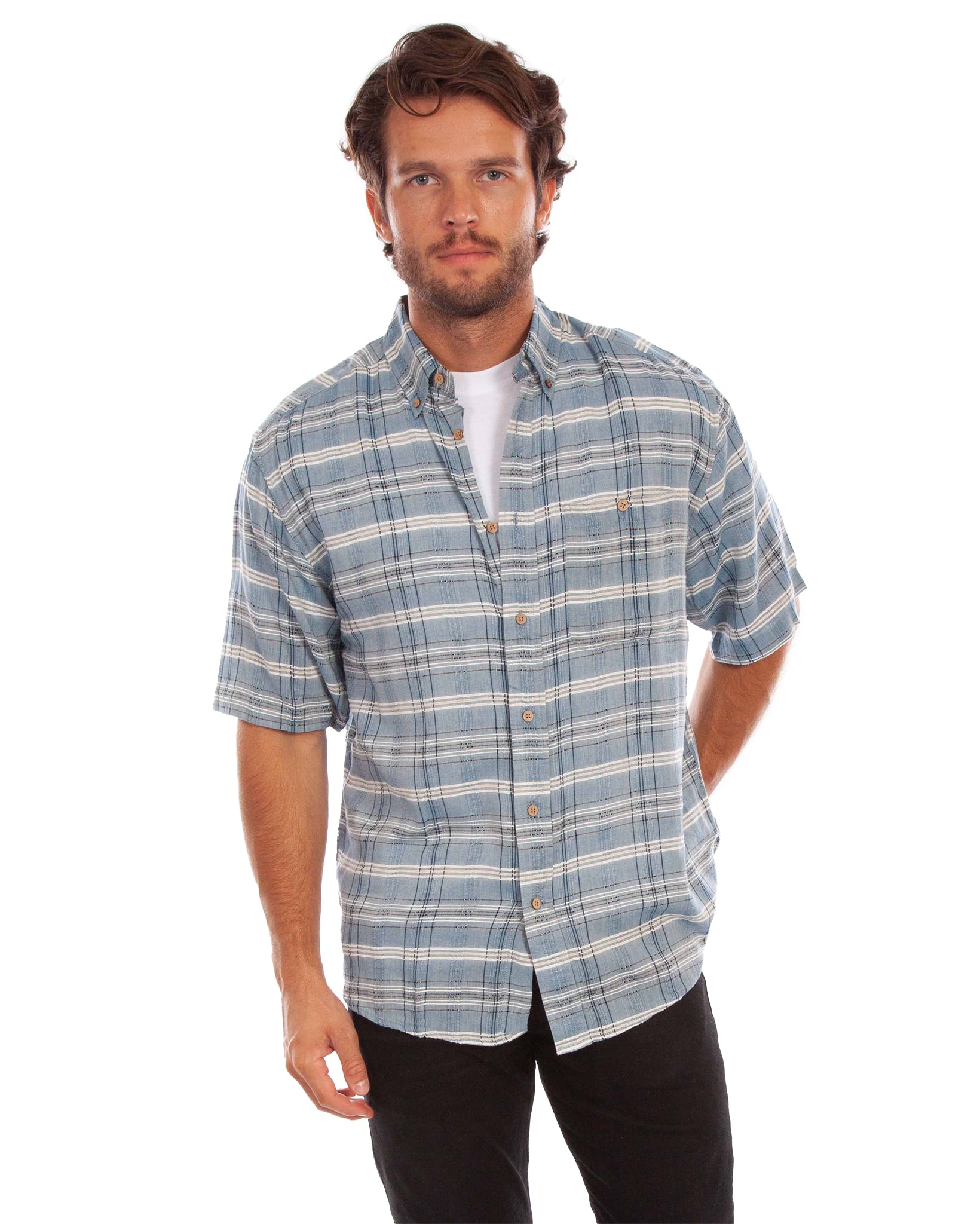 Men's Worn Out Plaid Shirt by Scully from Skip’s Western Outfitters | SCU-WO001-BLU-S-BLUE