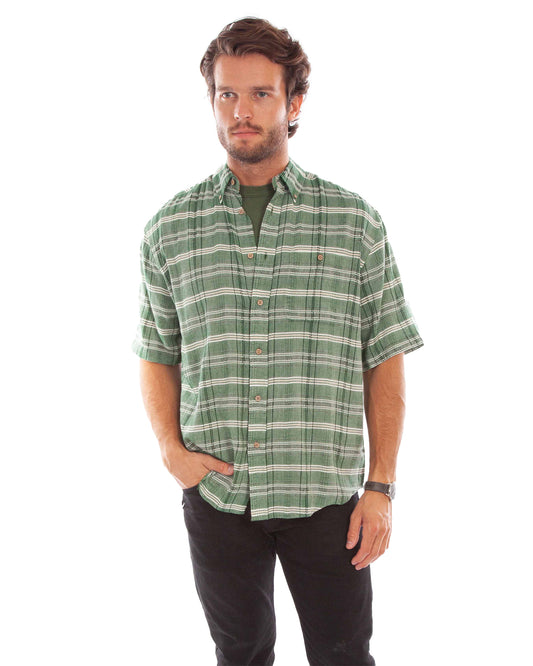 Men's Worn Out Plaid Shirt by Scully from Skip’s Western Outfitters | SCU-WO001-GRN-S-GREEN