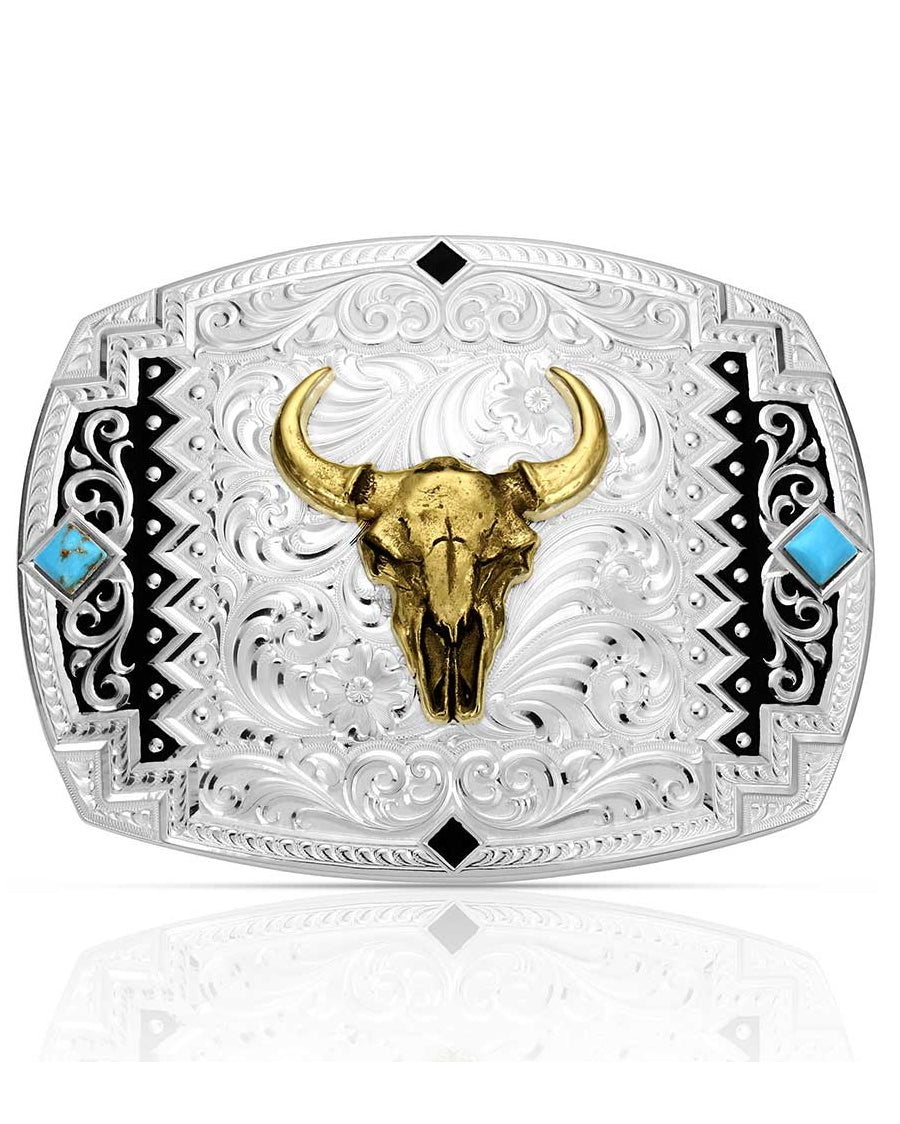 Southwest Scroll Buckle With Buffalo Skull by Montana Silversmiths from Skip’s Western Outfitters | MON-56100-1015-O/S