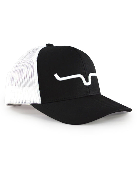 Kimes Ranch Weekly Trucker Cap in Black/White at Skip's Western Outfitters