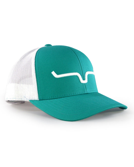 Kimes Ranch Weekly Trucker Cap in Teal/White at Skip's Western Outfitters