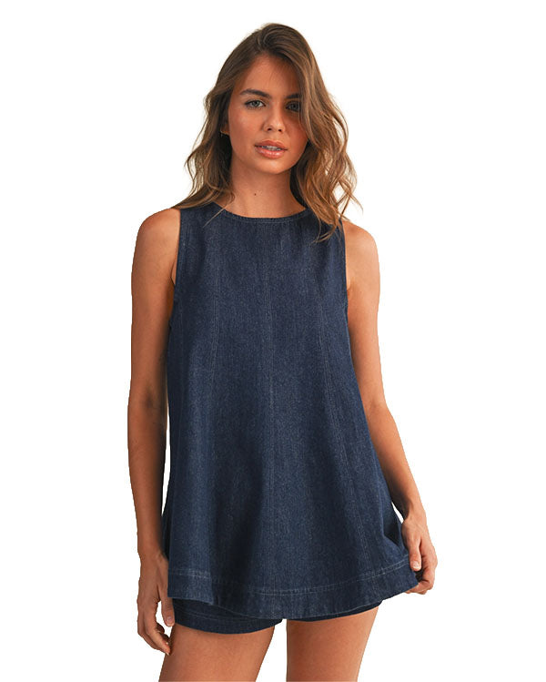 Women's Denim Longline Sleeveless Top And Shorts Set - Ist6095-Dk-Denim