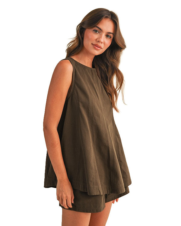 Women's Twill Trapez Sleeveless Top And Shorts Set - Ist6095-B-Brown