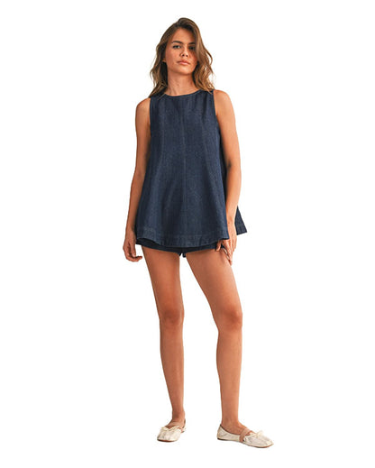 Women's Denim Longline Sleeveless Top And Shorts Set - Ist6095-Dk-Denim