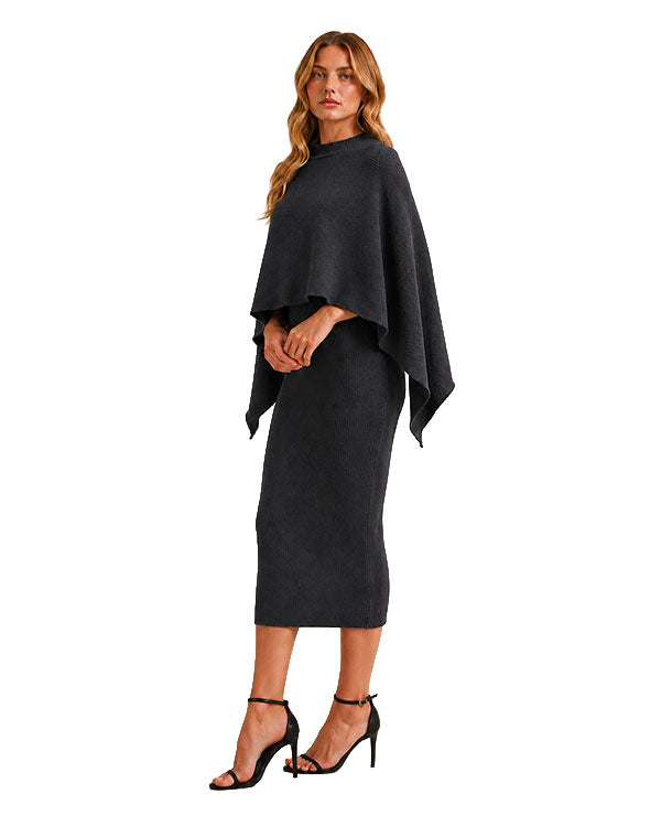 Women's Ribbed Knit Midi Dress With Poncho Set - Id10875-Black