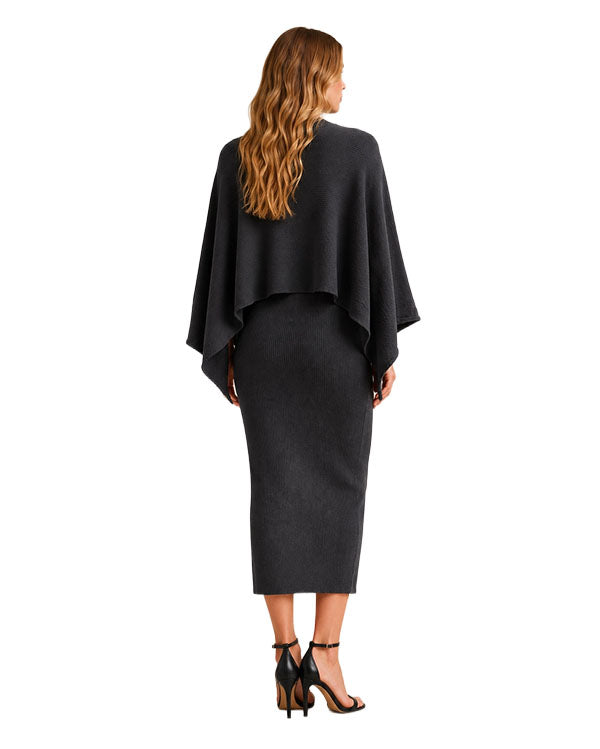 Women's Ribbed Knit Midi Dress With Poncho Set - Id10875-Black