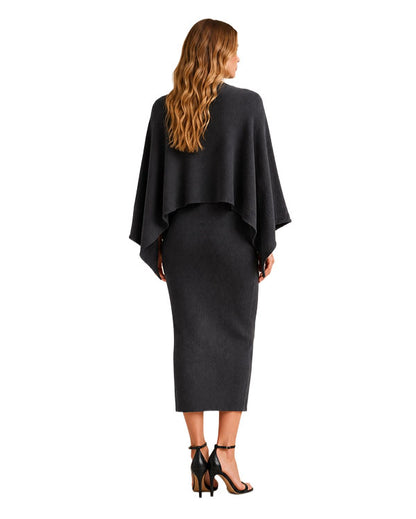 Women's Ribbed Knit Midi Dress With Poncho Set - Id10875-Black
