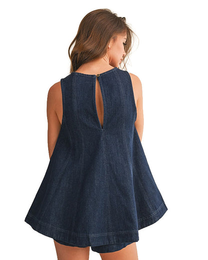 Women's Denim Longline Sleeveless Top And Shorts Set - Ist6095-Dk-Denim