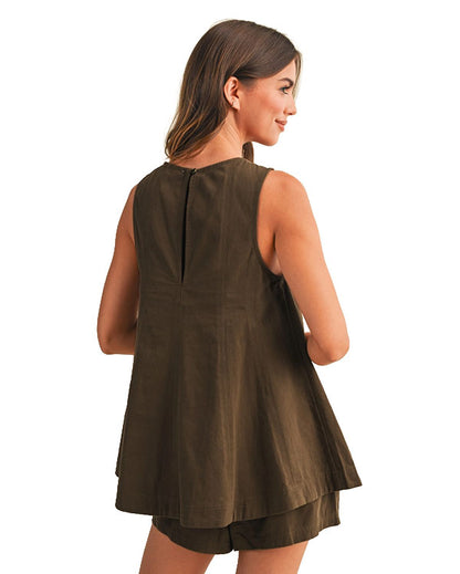 Women's Twill Trapez Sleeveless Top And Shorts Set - Ist6095-B-Brown