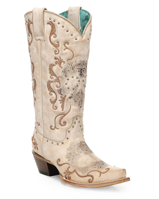 Women's Straw Floral Skull Embroidery & Studs - Z5491