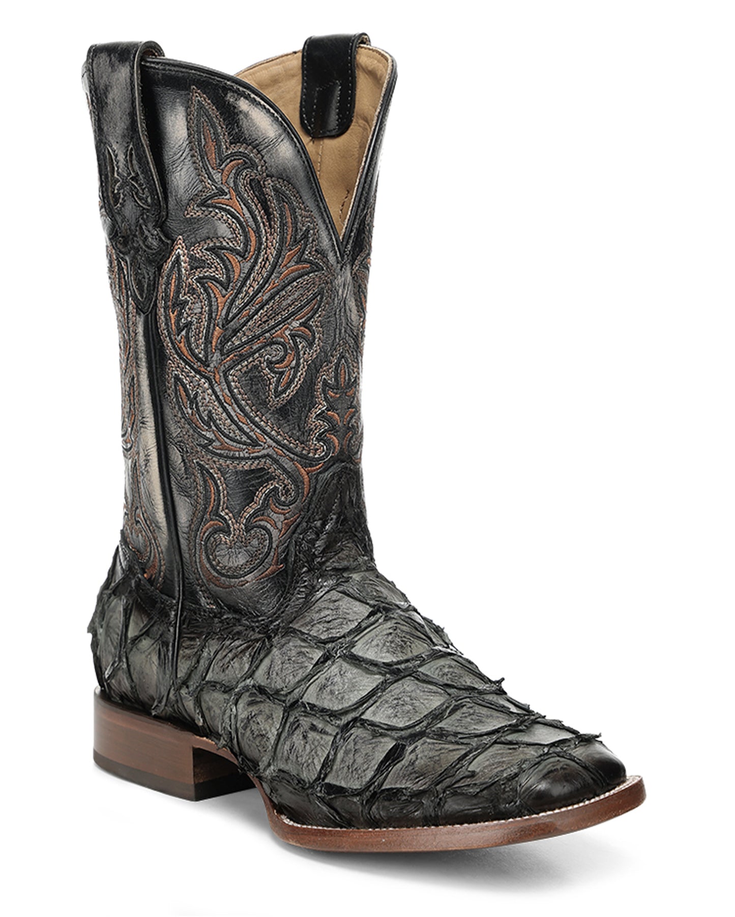 Men's Olive Green Pirarucu Embroidery Wide Square Toe Western Boots - A5055