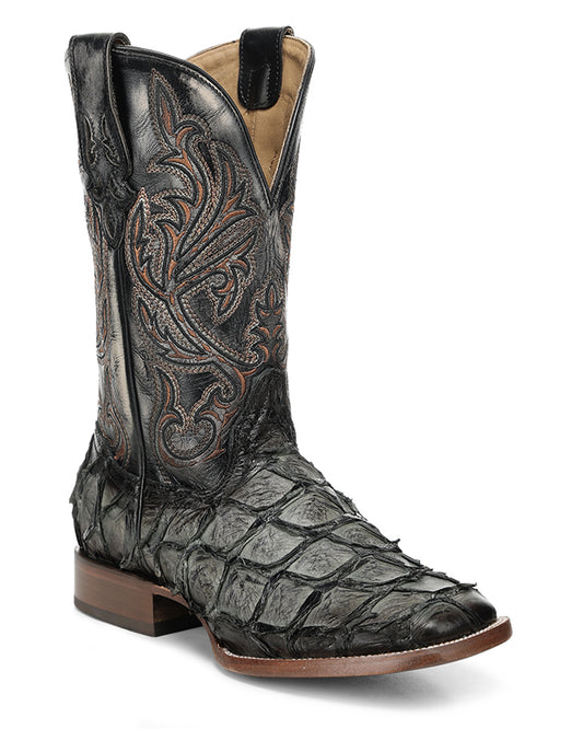Men's Olive Green Pirarucu Embroidery Wide Square Toe Western Boots - A5055
