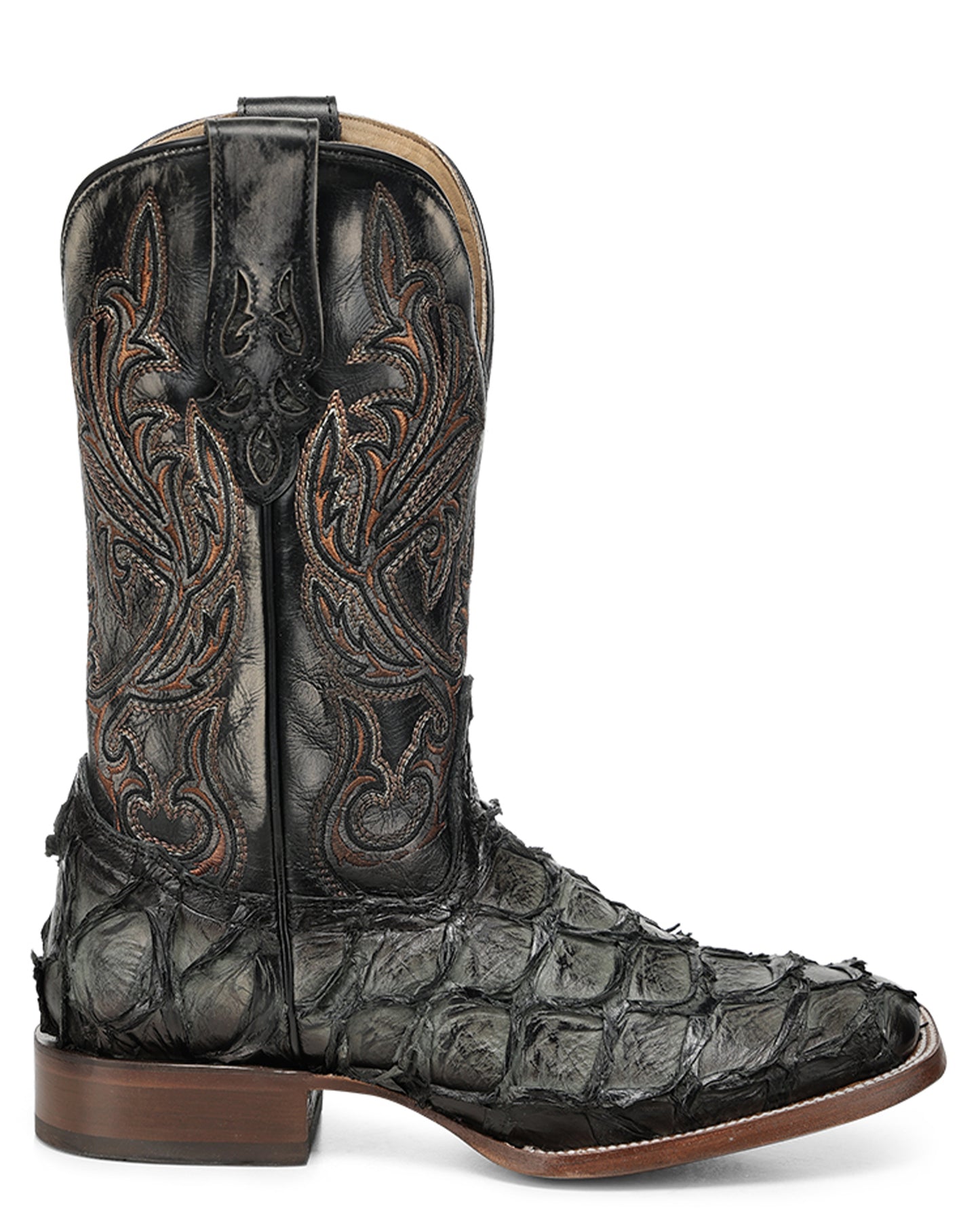 Men's Olive Green Pirarucu Embroidery Wide Square Toe Western Boots - A5055
