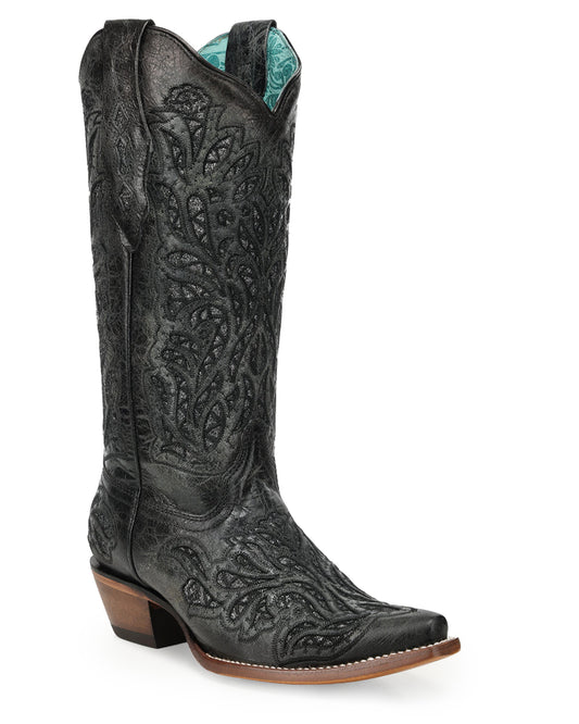 Women's Black Glitter Inlay & Embroidery - A5095