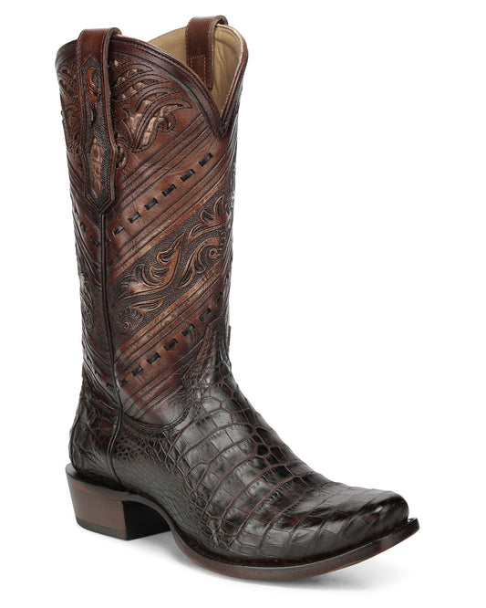 Men's Honey Alligator Tooled & Handwoven Narrow Square Toe Western Boots - A5100