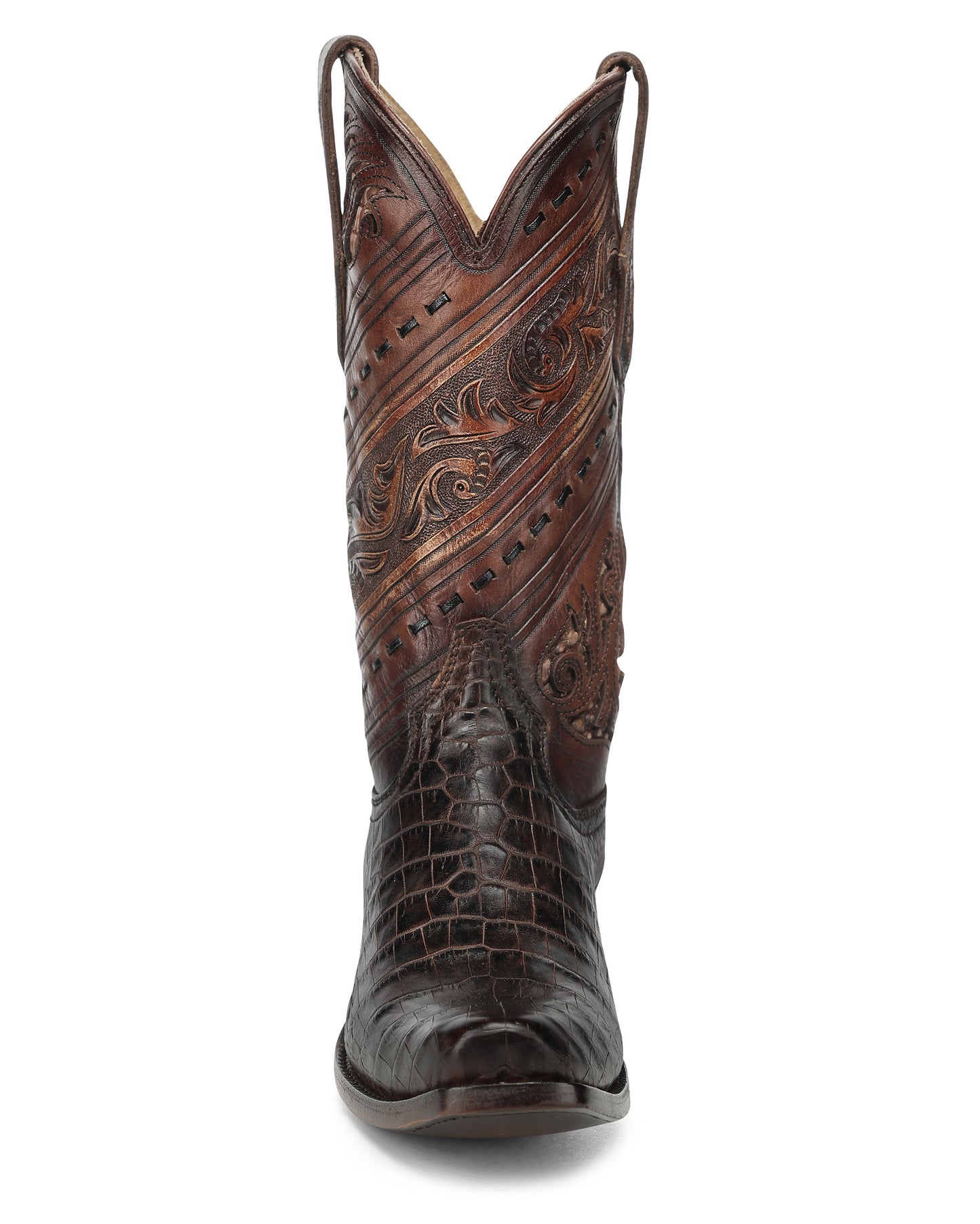 Men's Honey Alligator Tooled & Handwoven Narrow Square Toe Western Boots - A5100