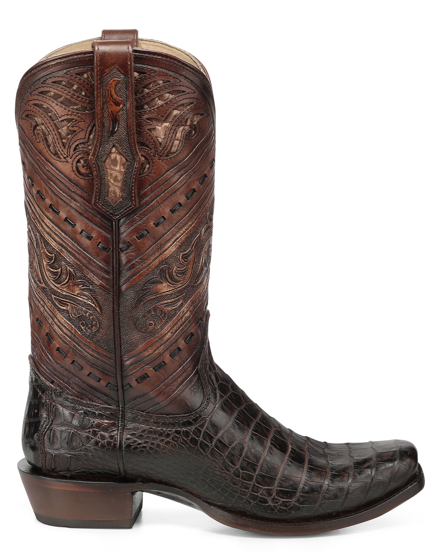 Men's Honey Alligator Tooled & Handwoven Narrow Square Toe Western Boots - A5100