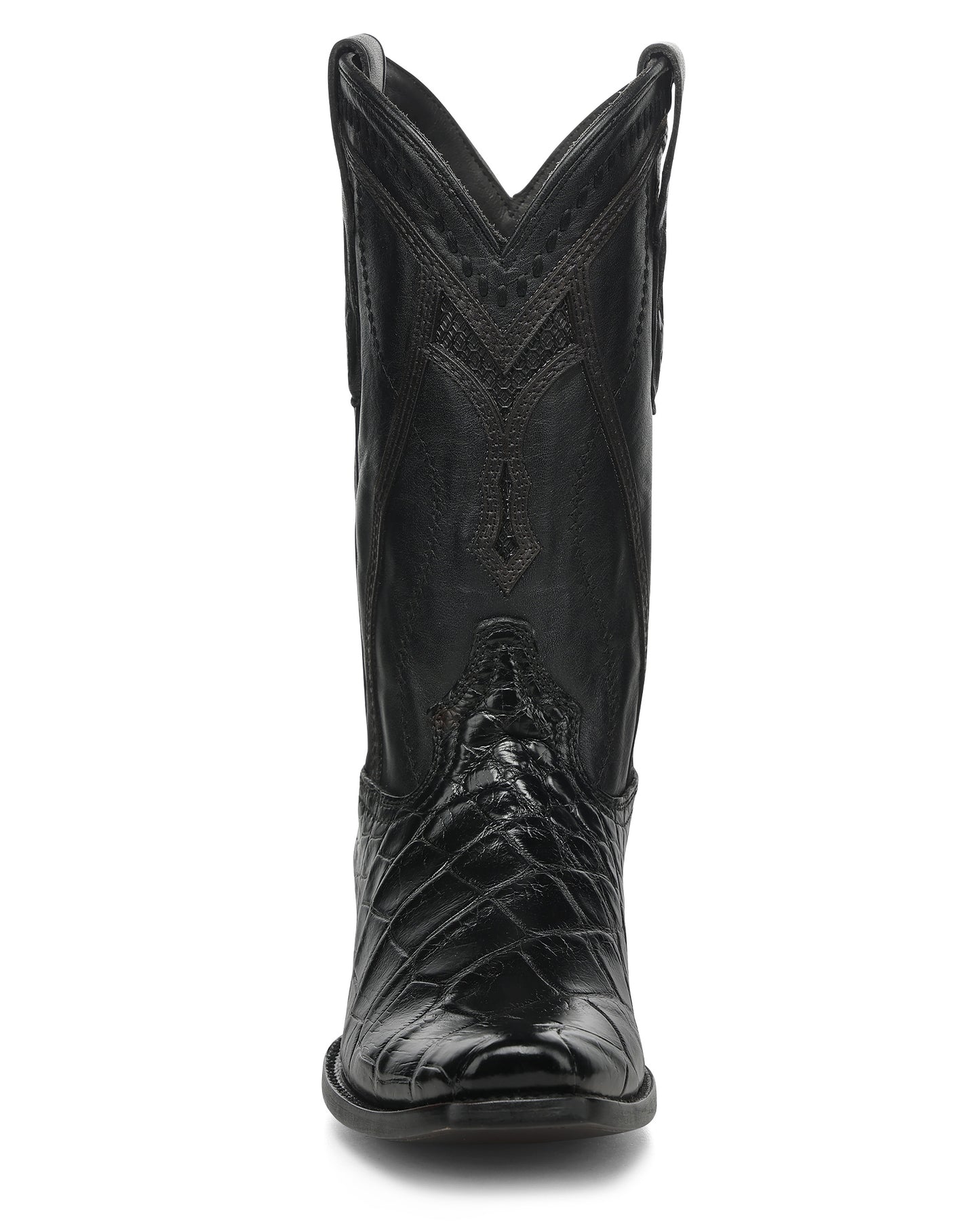 Men's Black Alligator Inlay & Embroidery & Woven Narrow Square Toe Western Boots - A5104
