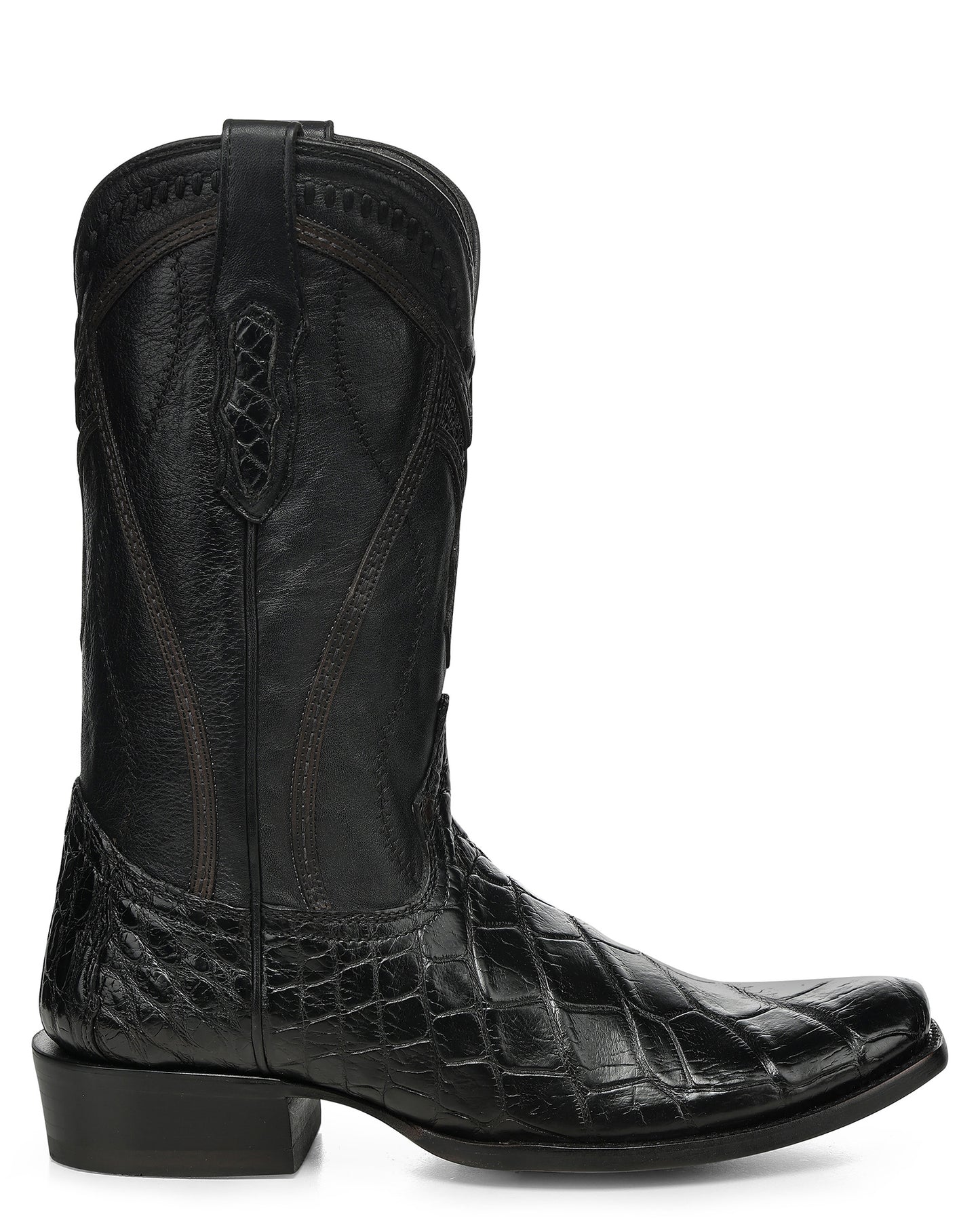Men's Black Alligator Inlay & Embroidery & Woven Narrow Square Toe Western Boots - A5104