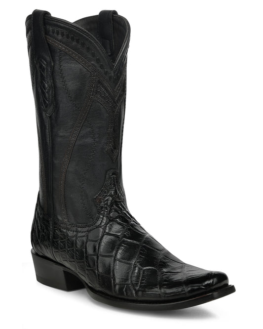 Men's Black Alligator Inlay & Embroidery & Woven Narrow Square Toe Western Boots - A5104