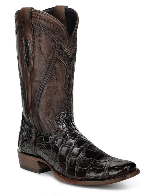 Men's Brown Alligator Inlay & Embroidery & Woven Narrow Square Toe Western Boots - A5106