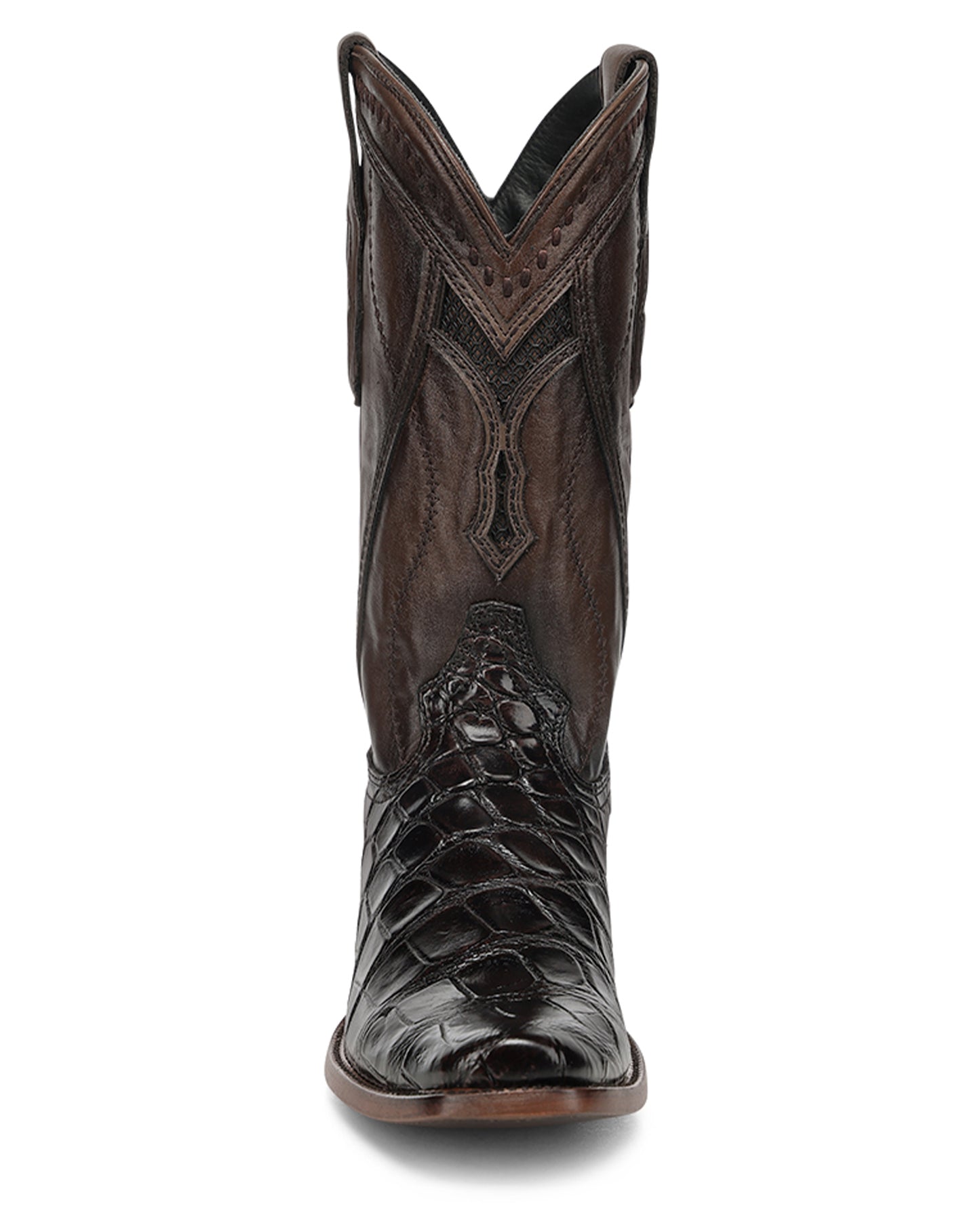 Men's Brown Alligator Inlay & Embroidery & Woven Narrow Square Toe Western Boots - A5106