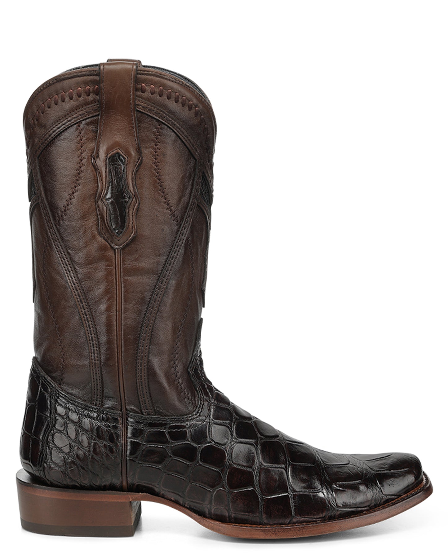 Men's Brown Alligator Inlay & Embroidery & Woven Narrow Square Toe Western Boots - A5106