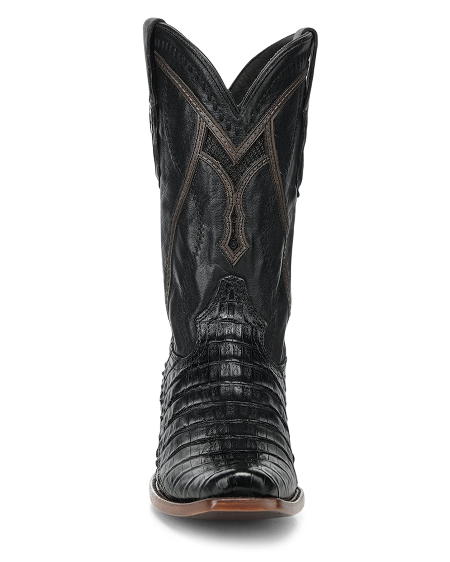 Men's Black Caiman Inlay & Embroidery & Woven Narrow Square Toe Western Boots - A5107