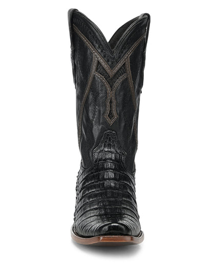 Men's Black Caiman Inlay & Embroidery & Woven Narrow Square Toe Western Boots - A5107