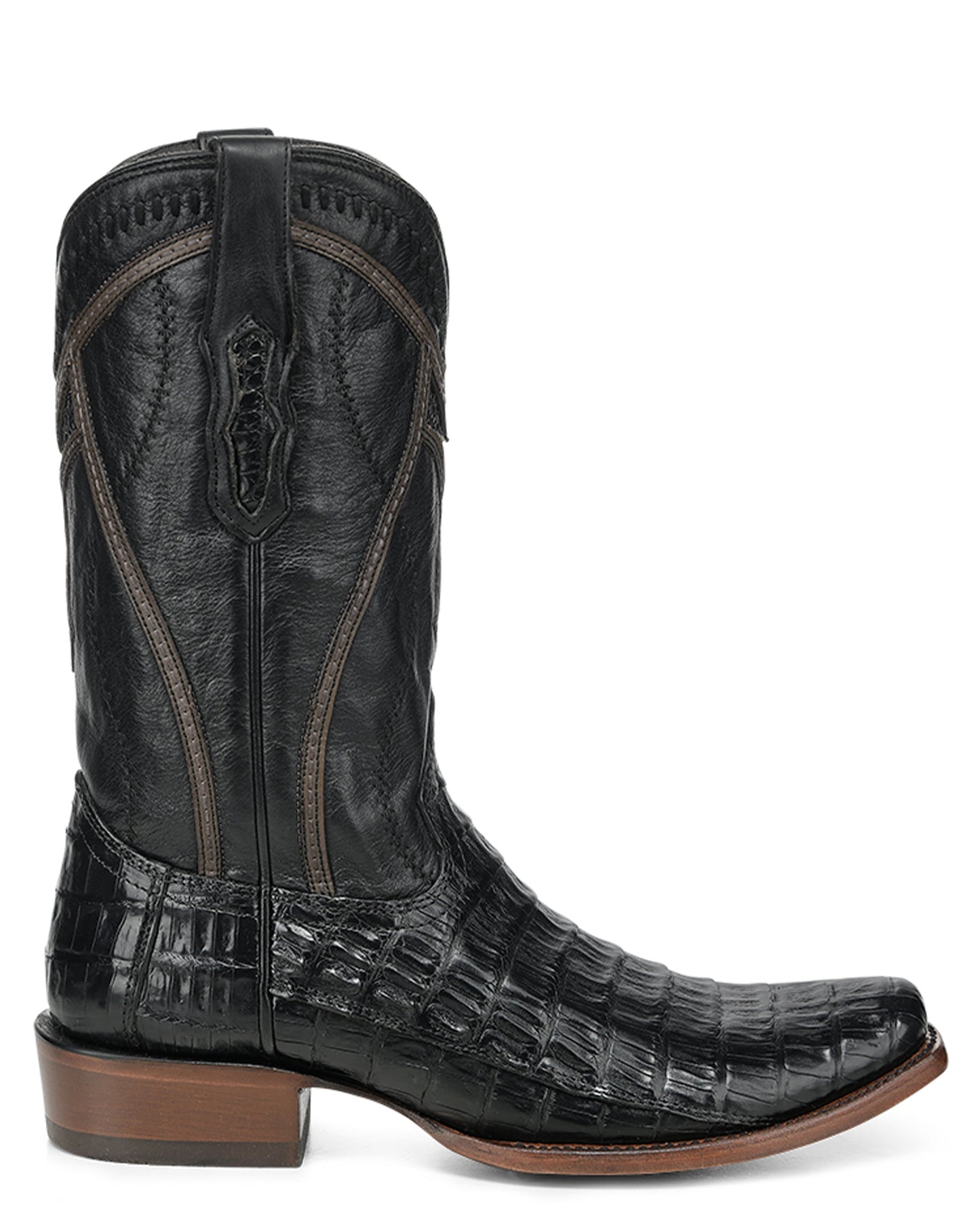 Men's Black Caiman Inlay & Embroidery & Woven Narrow Square Toe Western Boots - A5107
