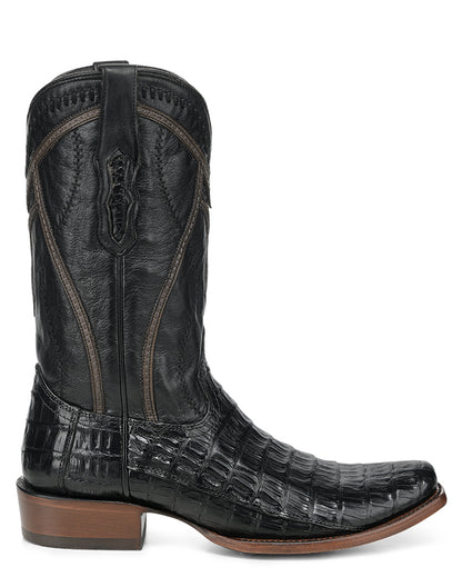 Men's Black Caiman Inlay & Embroidery & Woven Narrow Square Toe Western Boots - A5107