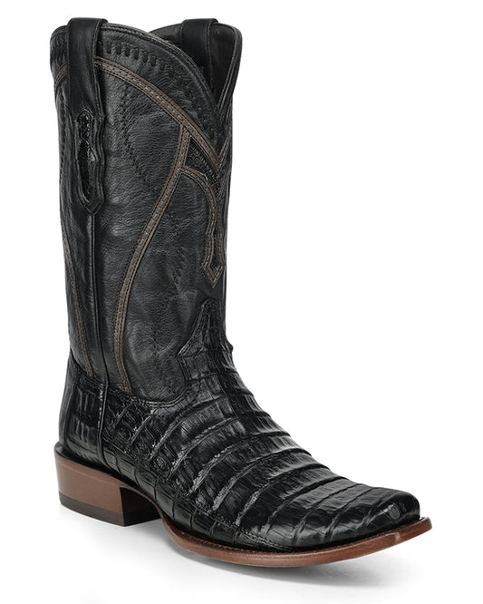 Men's Black Caiman Inlay & Embroidery & Woven Narrow Square Toe Western Boots - A5107
