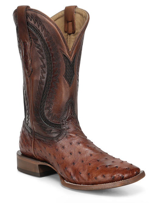 Men's Cognac Ostrich Inlay & Embroidery Wide Square Toe Western Boots - A5111