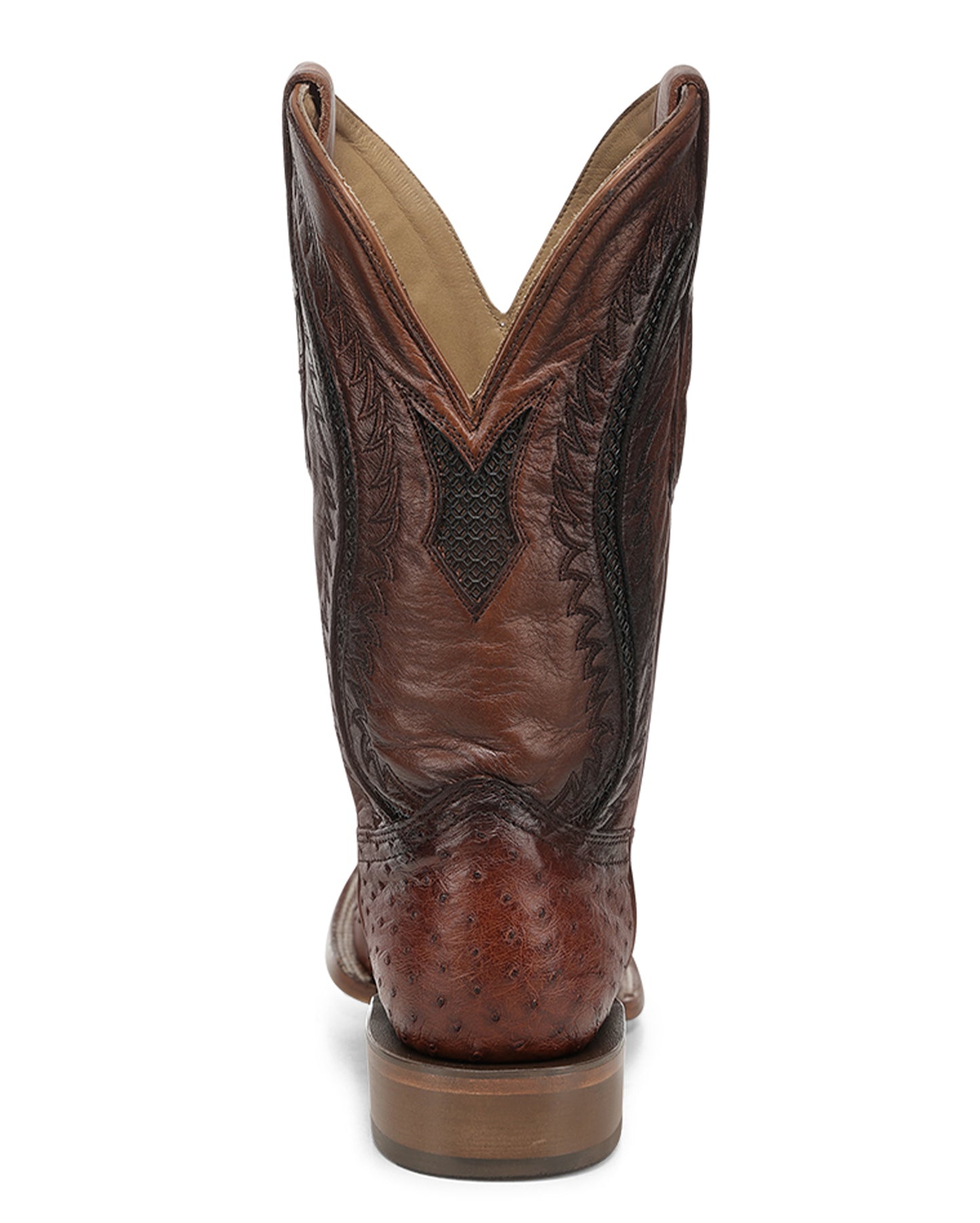 Men's Cognac Ostrich Inlay & Embroidery Wide Square Toe Western Boots - A5111