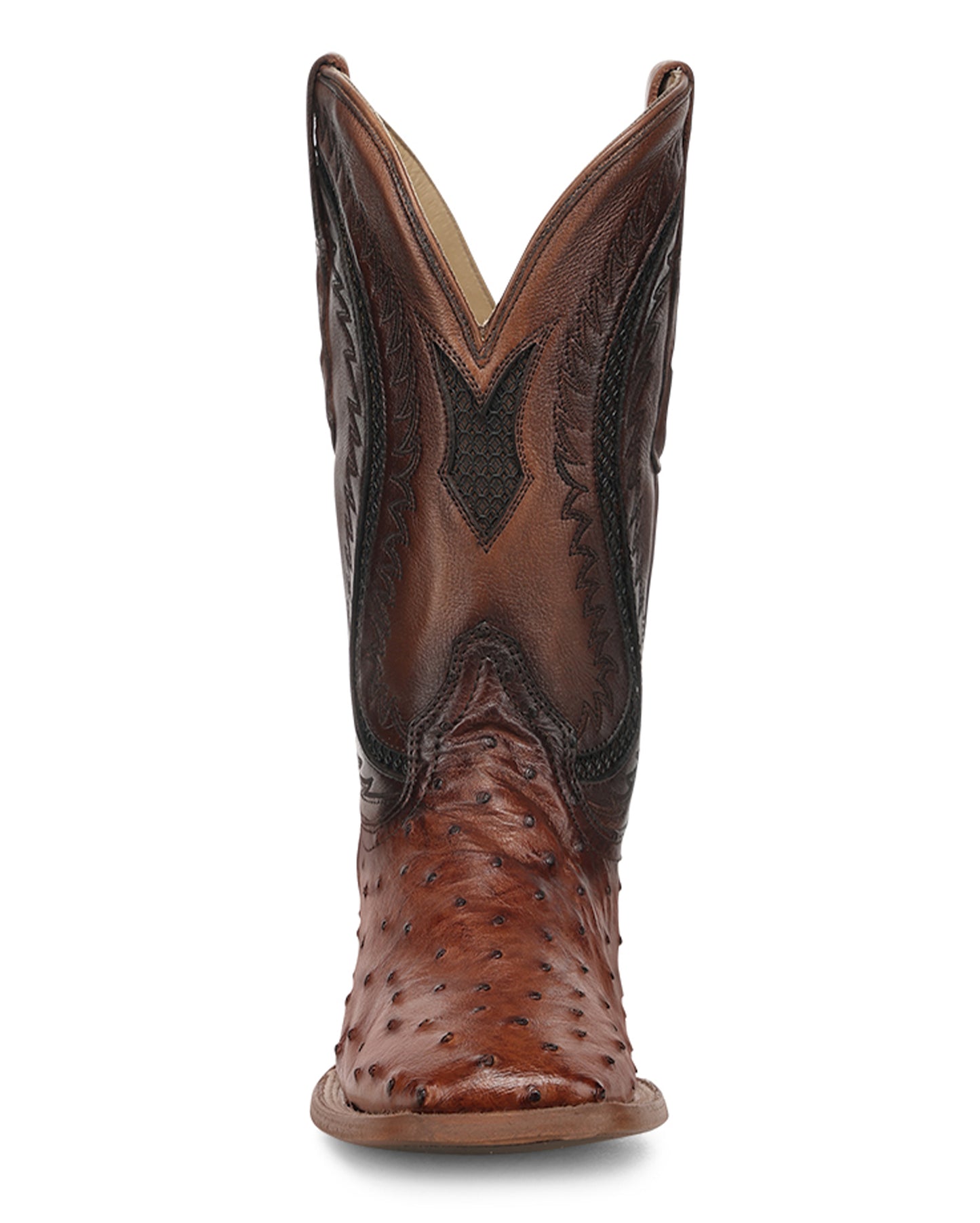 Men's Cognac Ostrich Inlay & Embroidery Wide Square Toe Western Boots - A5111