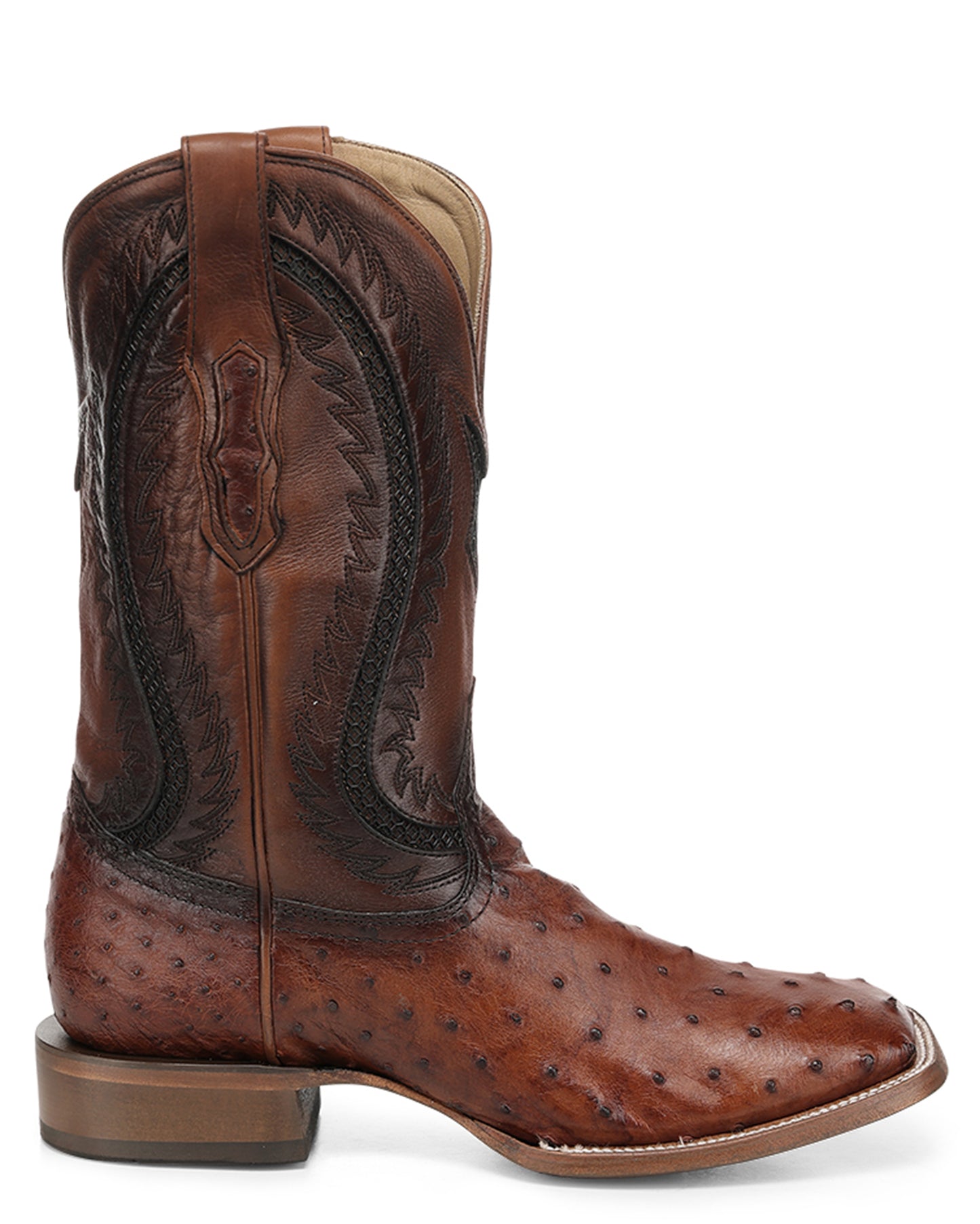 Men's Cognac Ostrich Inlay & Embroidery Wide Square Toe Western Boots - A5111