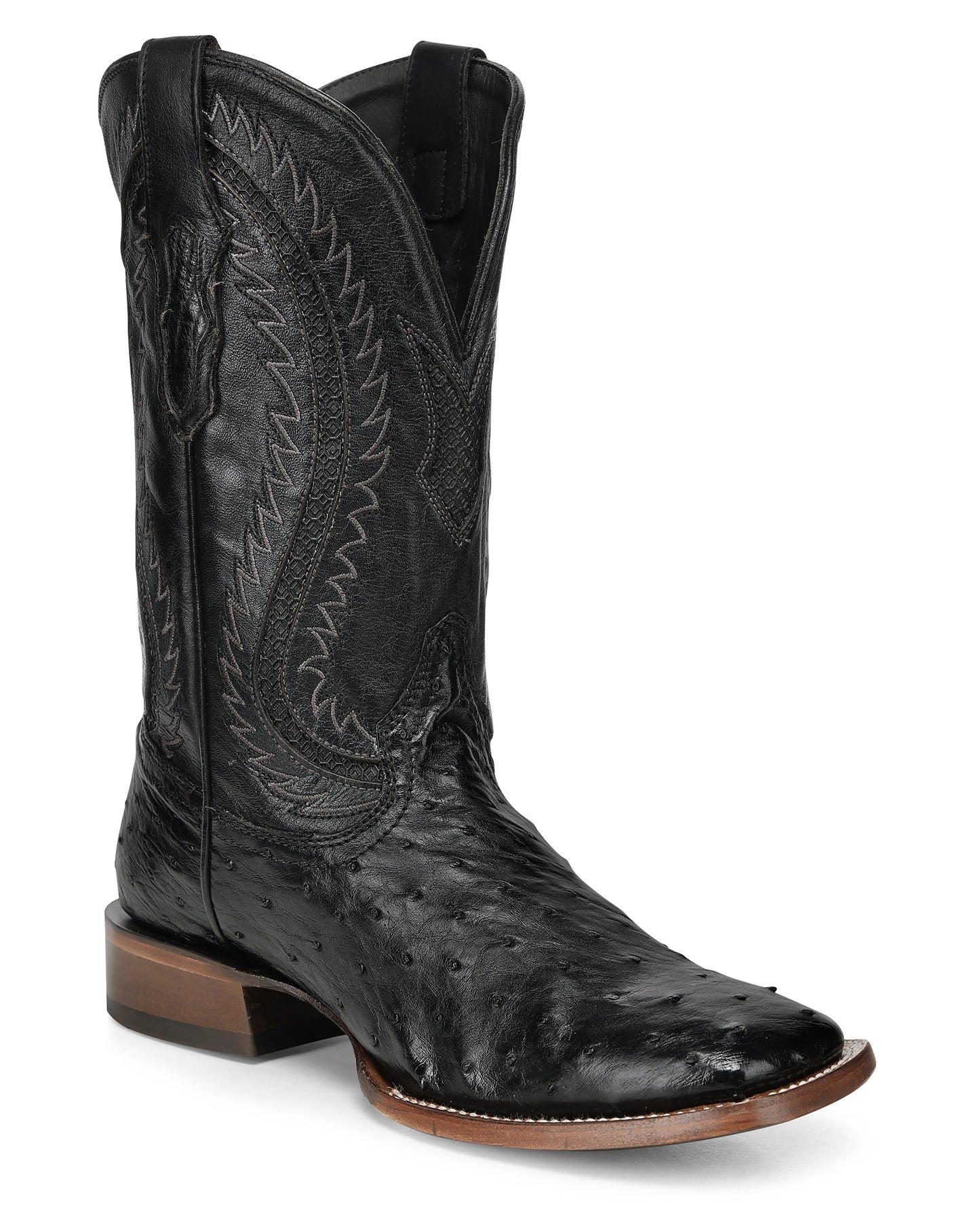 Men's Black Ostrich Inlay & Embroidery Wide Square Toe Western Boots - A5112