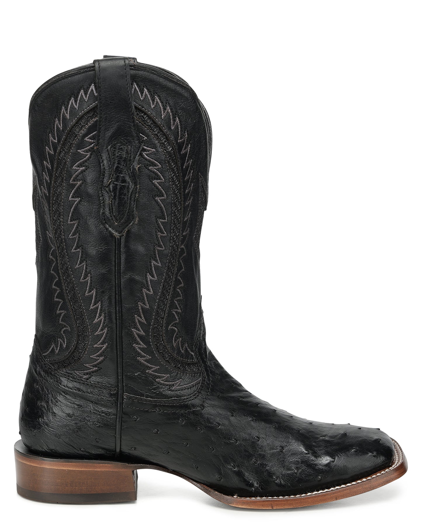 Men's Black Ostrich Inlay & Embroidery Wide Square Toe Western Boots - A5112