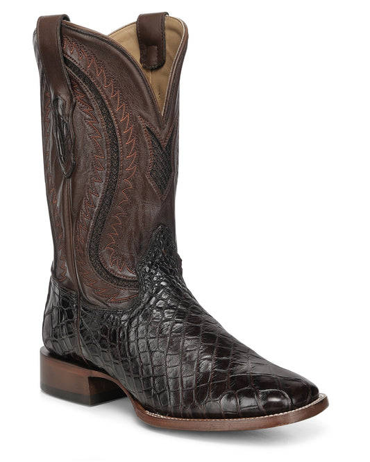 Men's Brown Alligator Inlay & Embroidery Wide Square Toe Western Boots - A5118