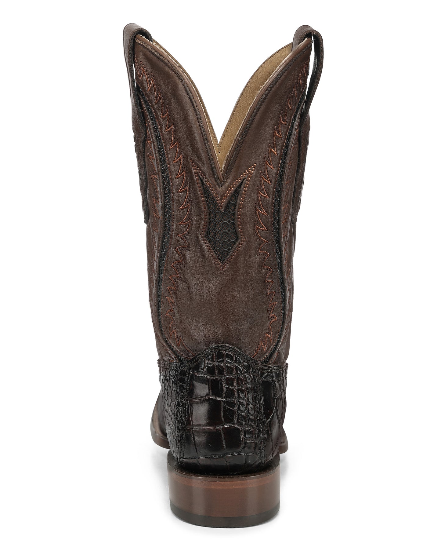 Men's Brown Alligator Inlay & Embroidery Wide Square Toe Western Boots - A5118