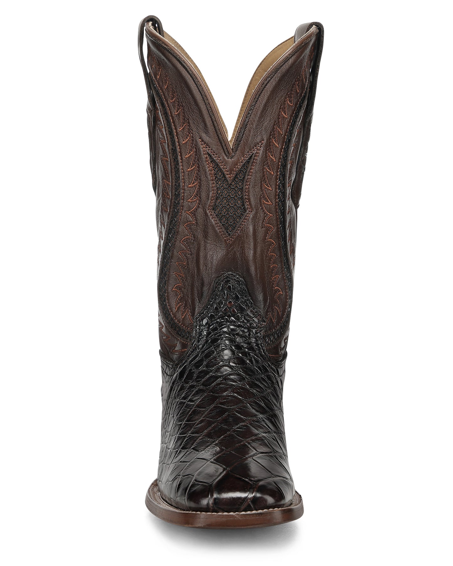 Men's Brown Alligator Inlay & Embroidery Wide Square Toe Western Boots - A5118