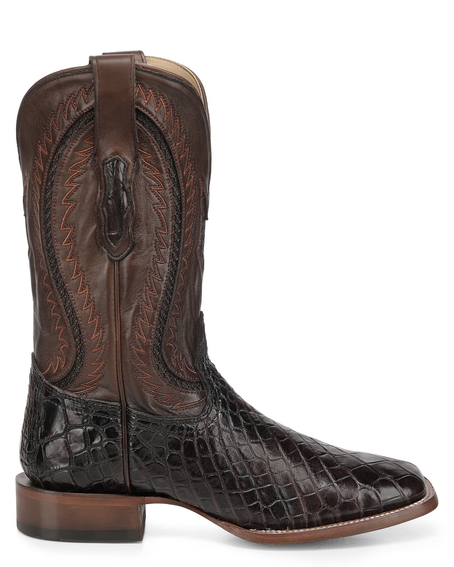 Men's Brown Alligator Inlay & Embroidery Wide Square Toe Western Boots - A5118