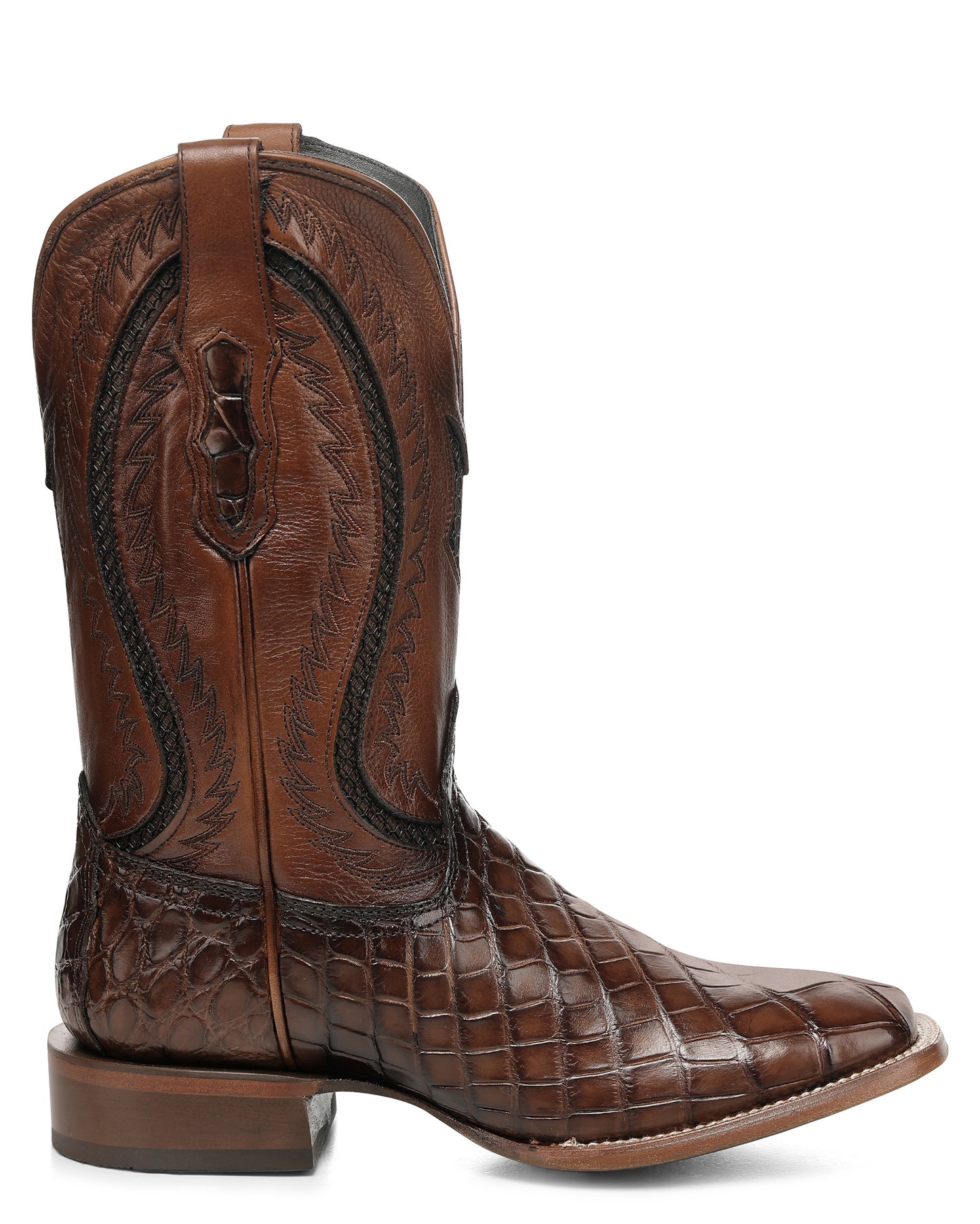 Men's Honey Alligator Inlay & Embroidery Wide Square Toe Western Boots - A5119