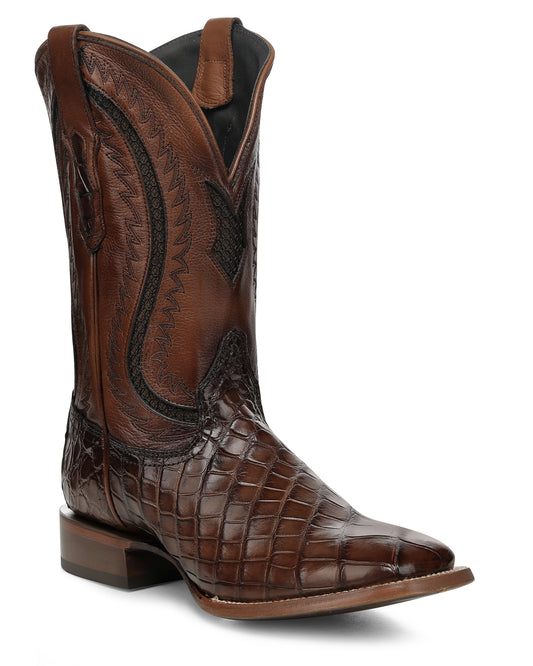 Men's Honey Alligator Inlay & Embroidery Wide Square Toe Western Boots - A5119