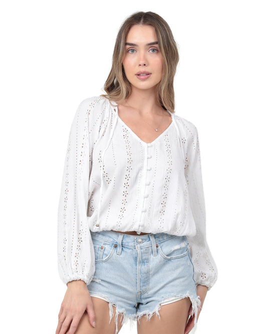 Women's Eyelet Embroidered Button Front Blouse - C2A25-Emb-White by Angie from Skip’s Western Outfitters | ANG-C2A25-EMB-WHITE-S-WHITE