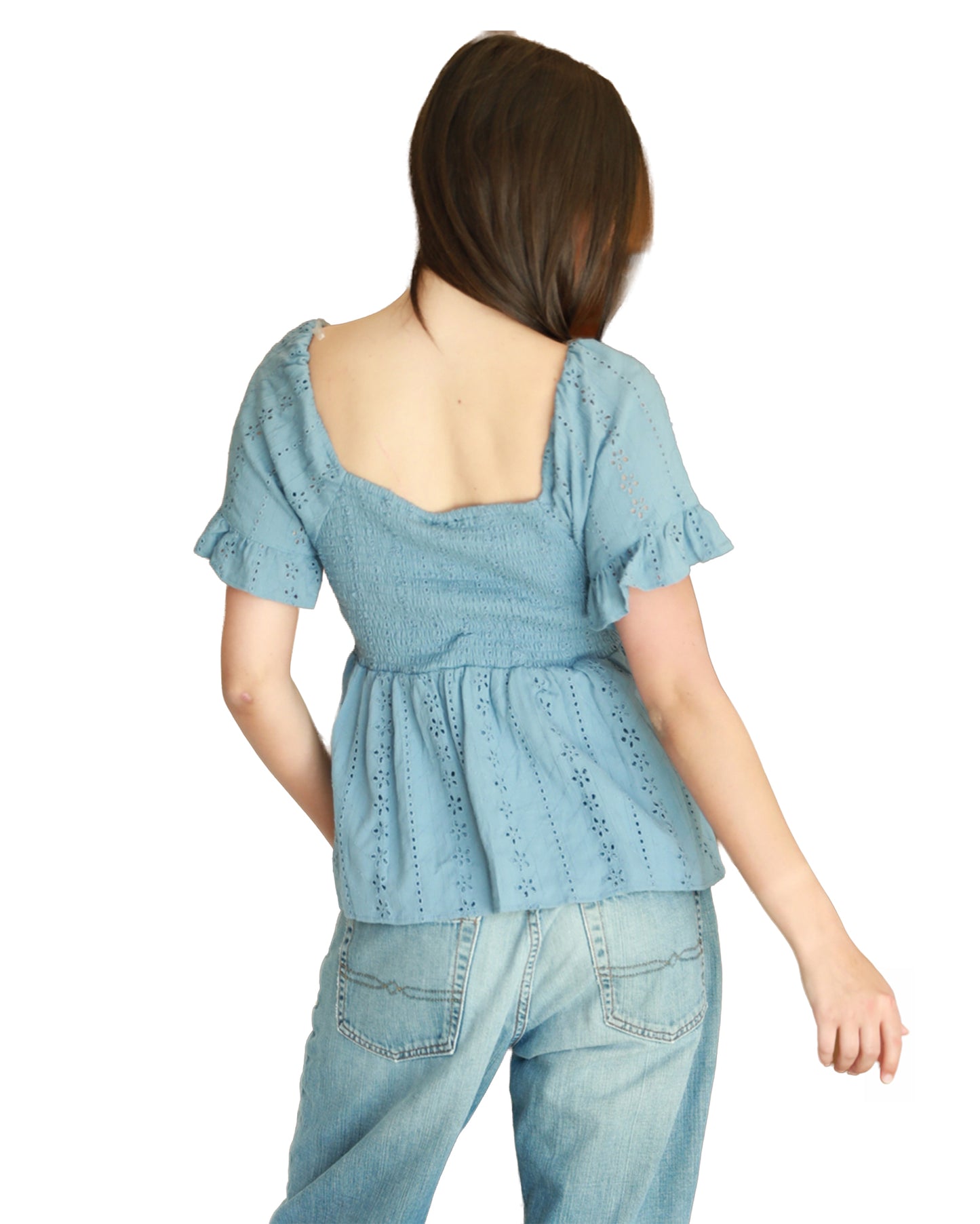 Women's Eyelet Embroidered Twist Front Blouse - C2186-Em08-Elemental-Blue