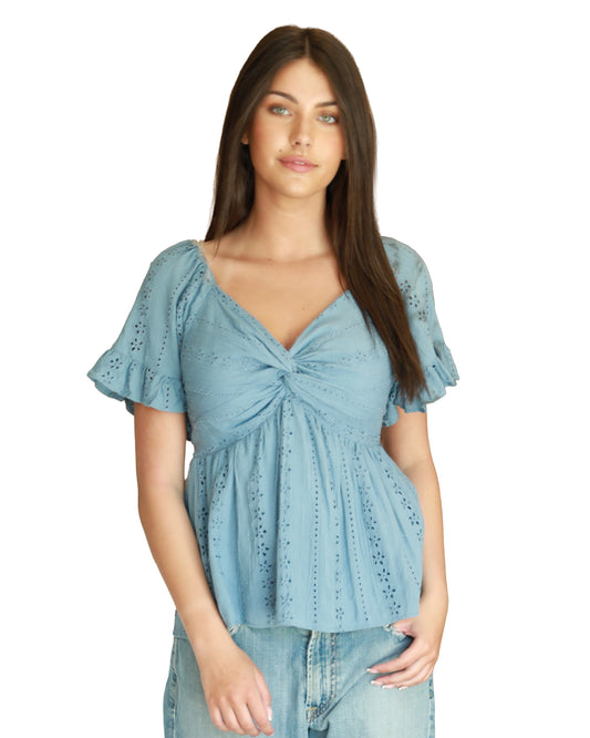 Women's Eyelet Embroidered Twist Front Blouse - C2186-Em08-Elemental-Blue by Angie from Skip’s Western Outfitters | ANG-C2186-EM08-ELEMENTAL-BLUE-S-ELEMENTAL-BLUE